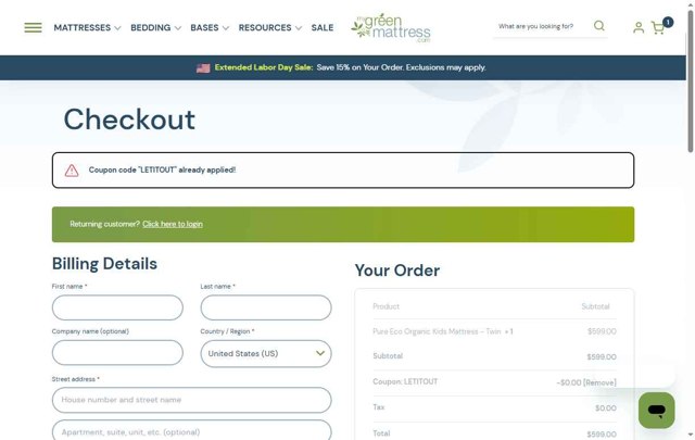 My Green Mattress checkout page showing My Green Mattress coupon code box | Screenshot taken by SimplyCodes community member on Sep 3, 2025