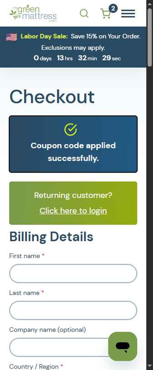 My Green Mattress checkout page showing My Green Mattress coupon code box | Screenshot taken by SimplyCodes community member on Sep 2, 2025