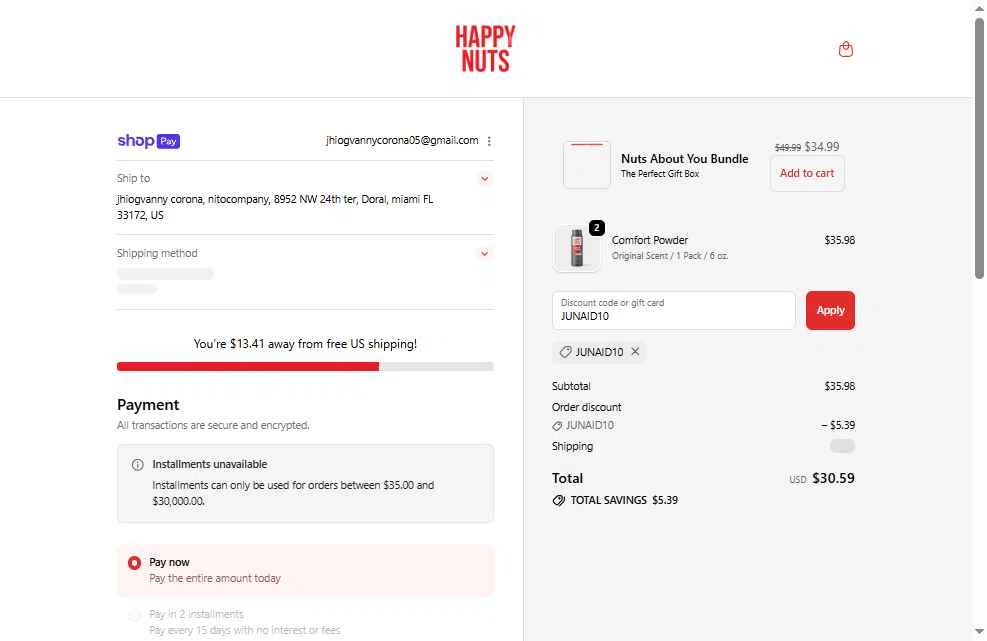 Happy Nuts checkout page showing Happy Nuts discount code box | Screenshot taken by SimplyCodes community member on Jan 11, 2026