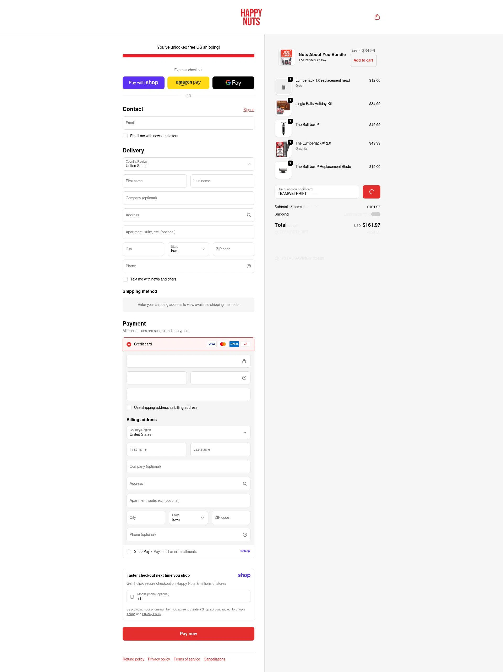 Happy Nuts checkout page showing Happy Nuts discount code box | Screenshot taken by SimplyCodes community member on Jan 11, 2026