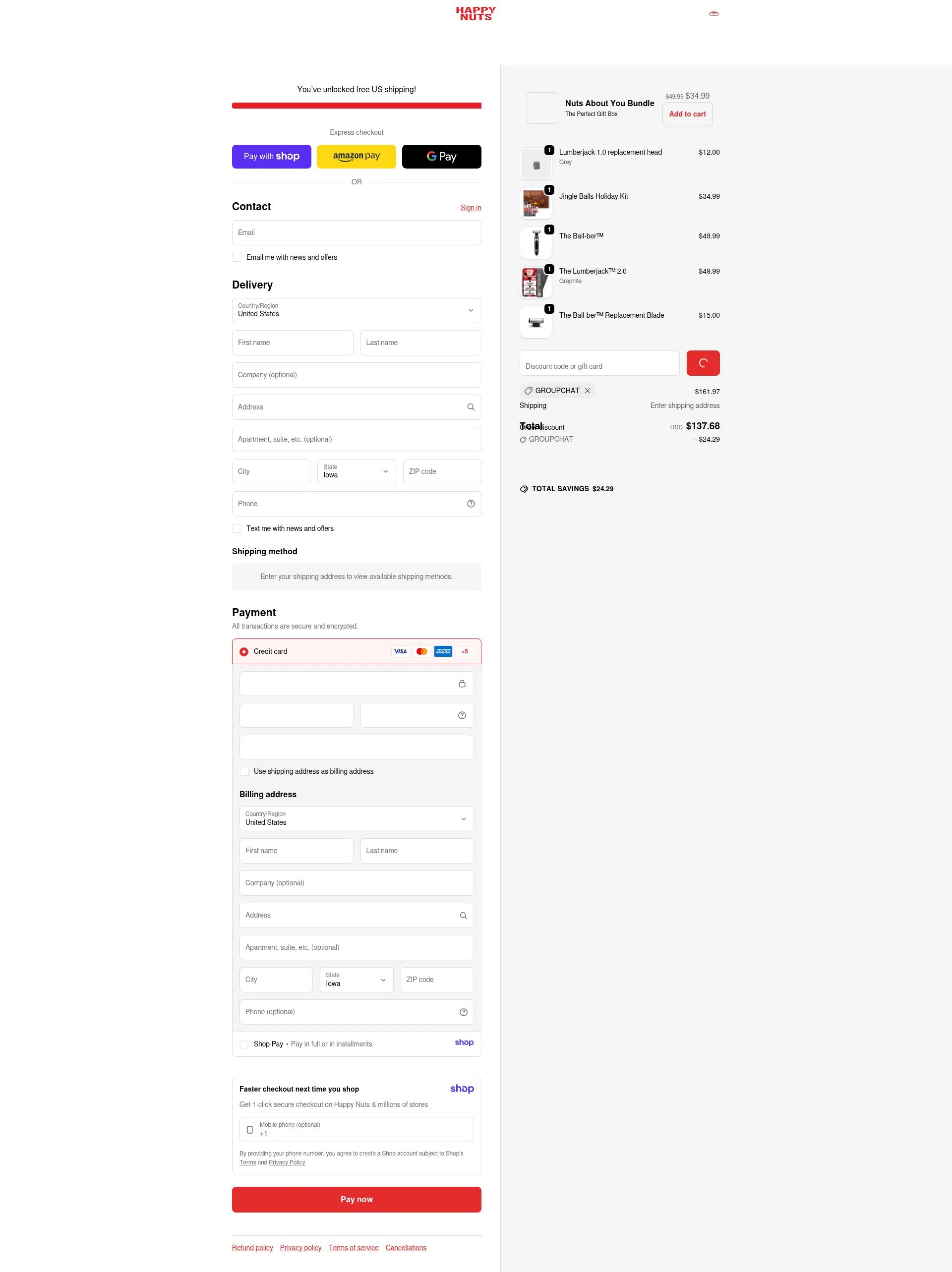 Happy Nuts checkout page showing Happy Nuts discount code box | Screenshot taken by SimplyCodes community member on Jan 11, 2026