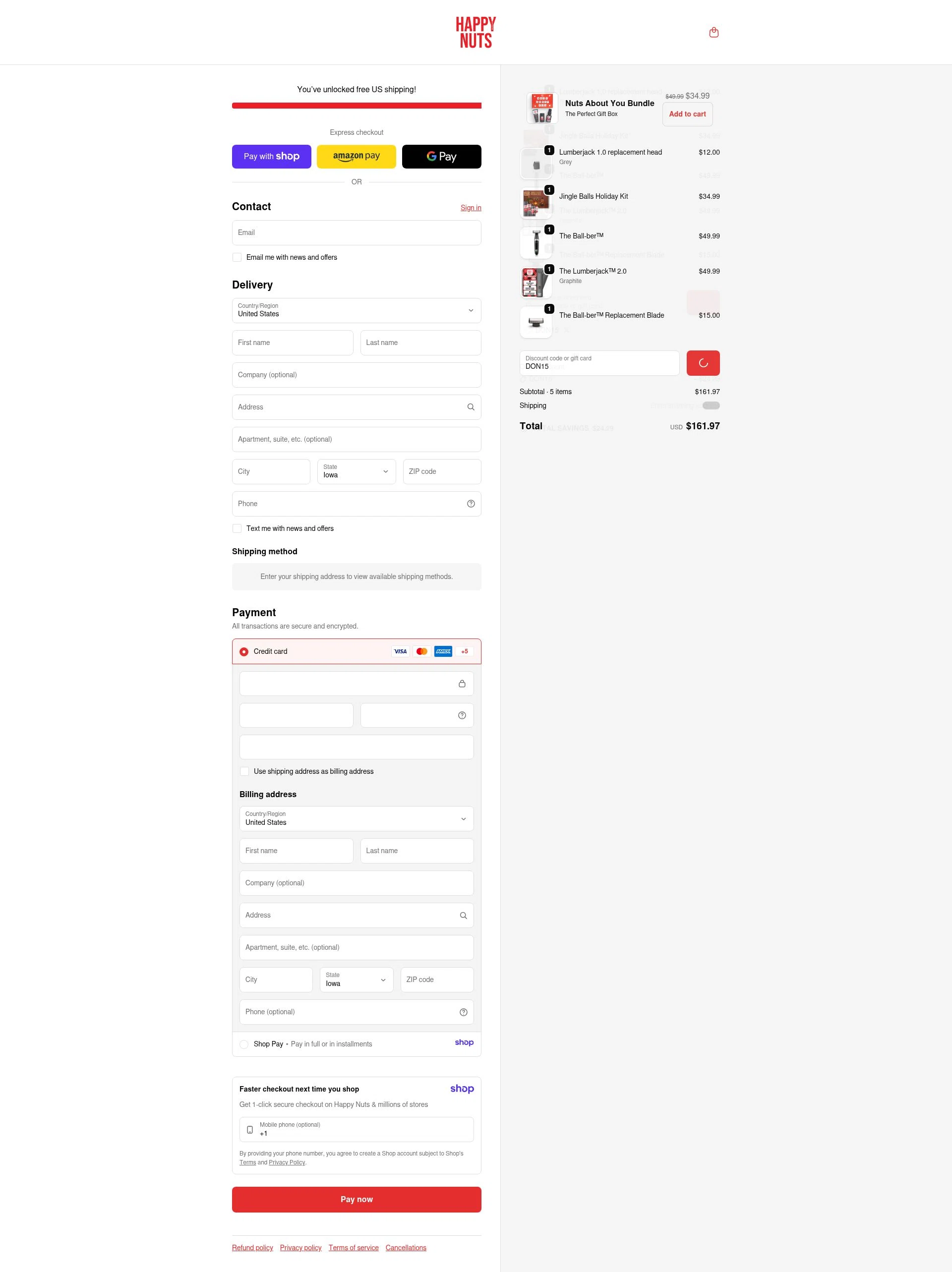 Happy Nuts checkout page showing Happy Nuts discount code box | Screenshot taken by SimplyCodes community member on Jan 11, 2026