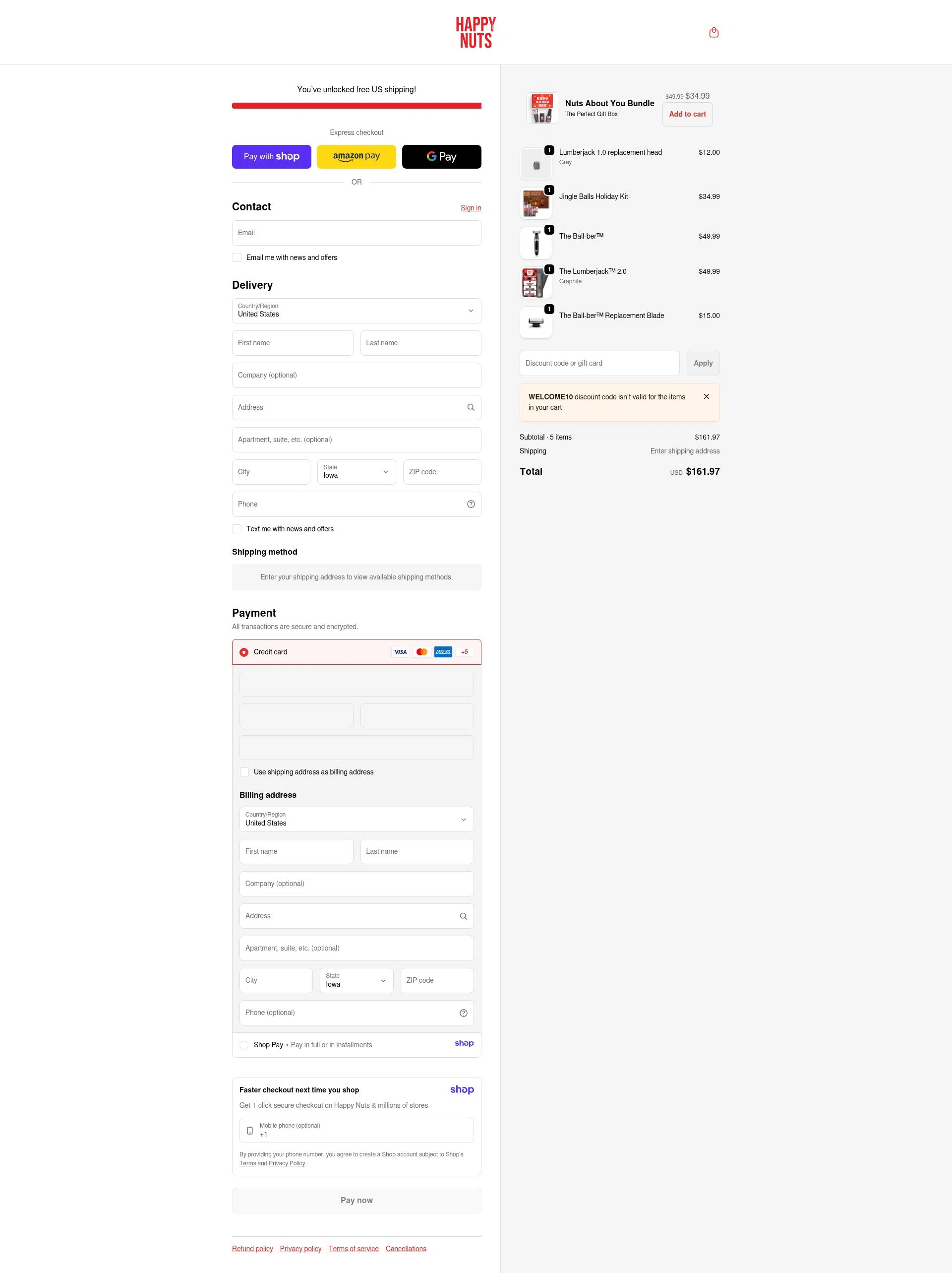 Happy Nuts checkout page showing Happy Nuts discount code box | Screenshot taken by SimplyCodes community member on Jan 11, 2026