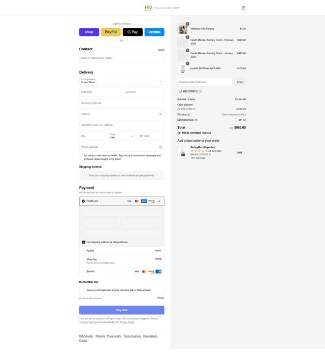 Hallelujah Diet checkout page showing Hallelujah Diet coupon code box | Screenshot taken by SimplyCodes community member on Sep 3, 2025