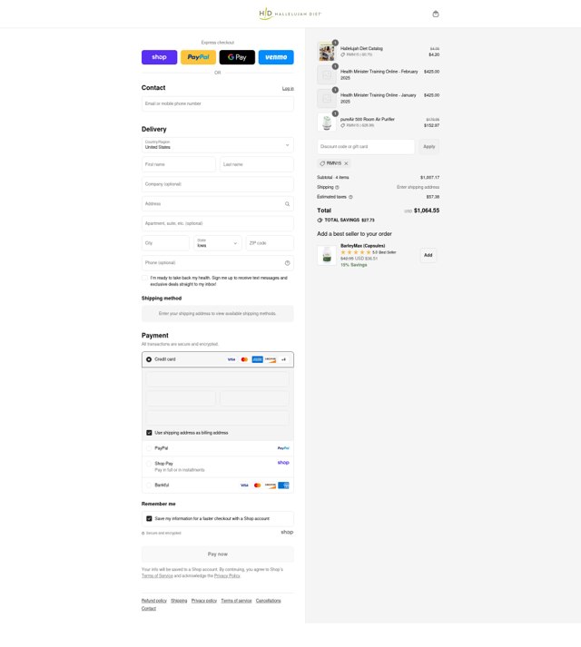 Hallelujah Diet checkout page showing Hallelujah Diet coupon code box | Screenshot taken by SimplyCodes community member on Sep 3, 2025