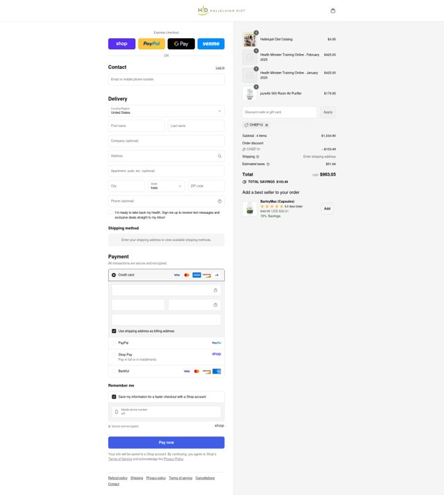 Hallelujah Diet checkout page showing Hallelujah Diet coupon code box | Screenshot taken by SimplyCodes community member on Sep 3, 2025