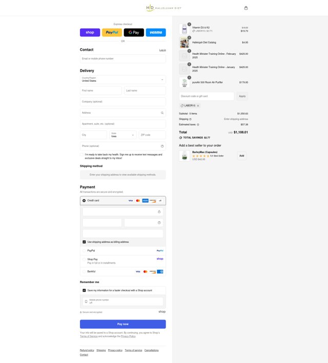 Hallelujah Diet checkout page showing Hallelujah Diet coupon code box | Screenshot taken by SimplyCodes community member on Aug 30, 2025