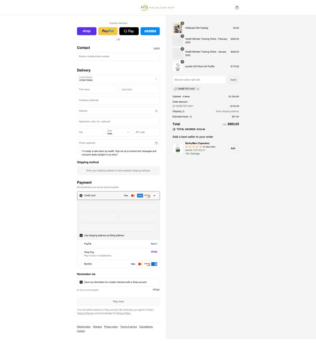 Hallelujah Diet checkout page showing Hallelujah Diet coupon code box | Screenshot taken by SimplyCodes community member on Sep 3, 2025