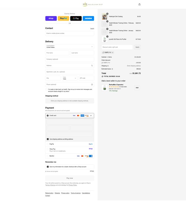 Hallelujah Diet checkout page showing Hallelujah Diet coupon code box | Screenshot taken by SimplyCodes community member on Sep 3, 2025