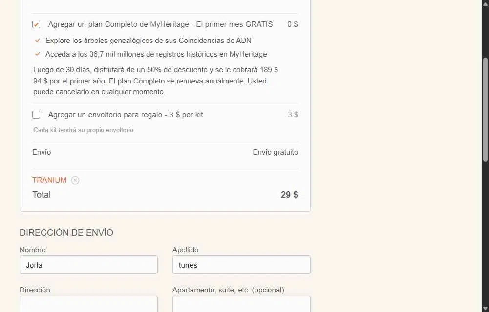 MyHeritage DNA checkout page showing MyHeritage DNA promo code box | Screenshot taken by SimplyCodes community member on Oct 31, 2025