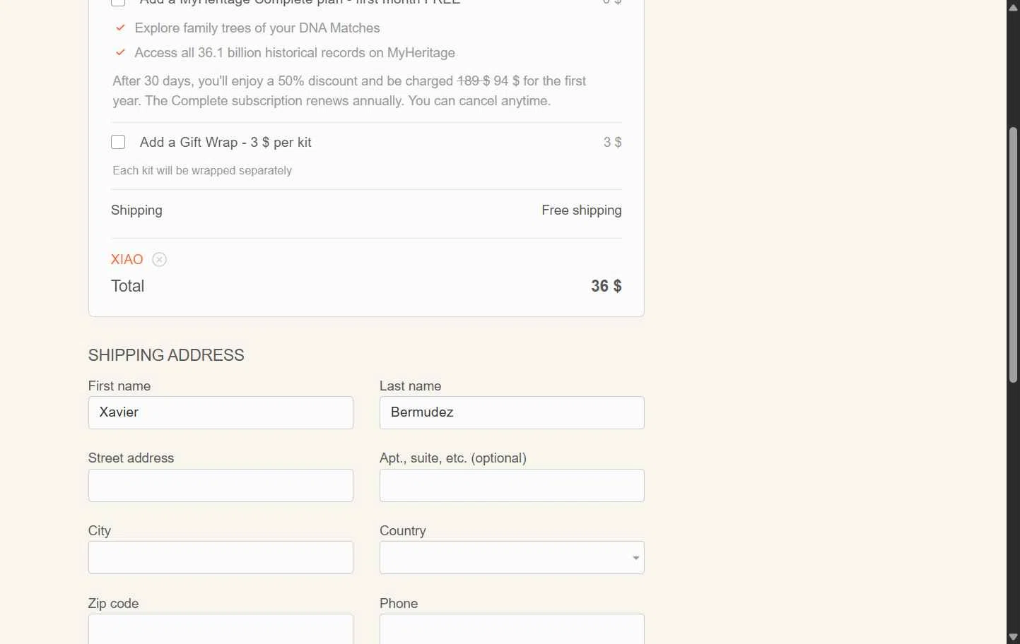 MyHeritage DNA checkout page showing MyHeritage DNA promo code box | Screenshot taken by SimplyCodes community member on Oct 9, 2025