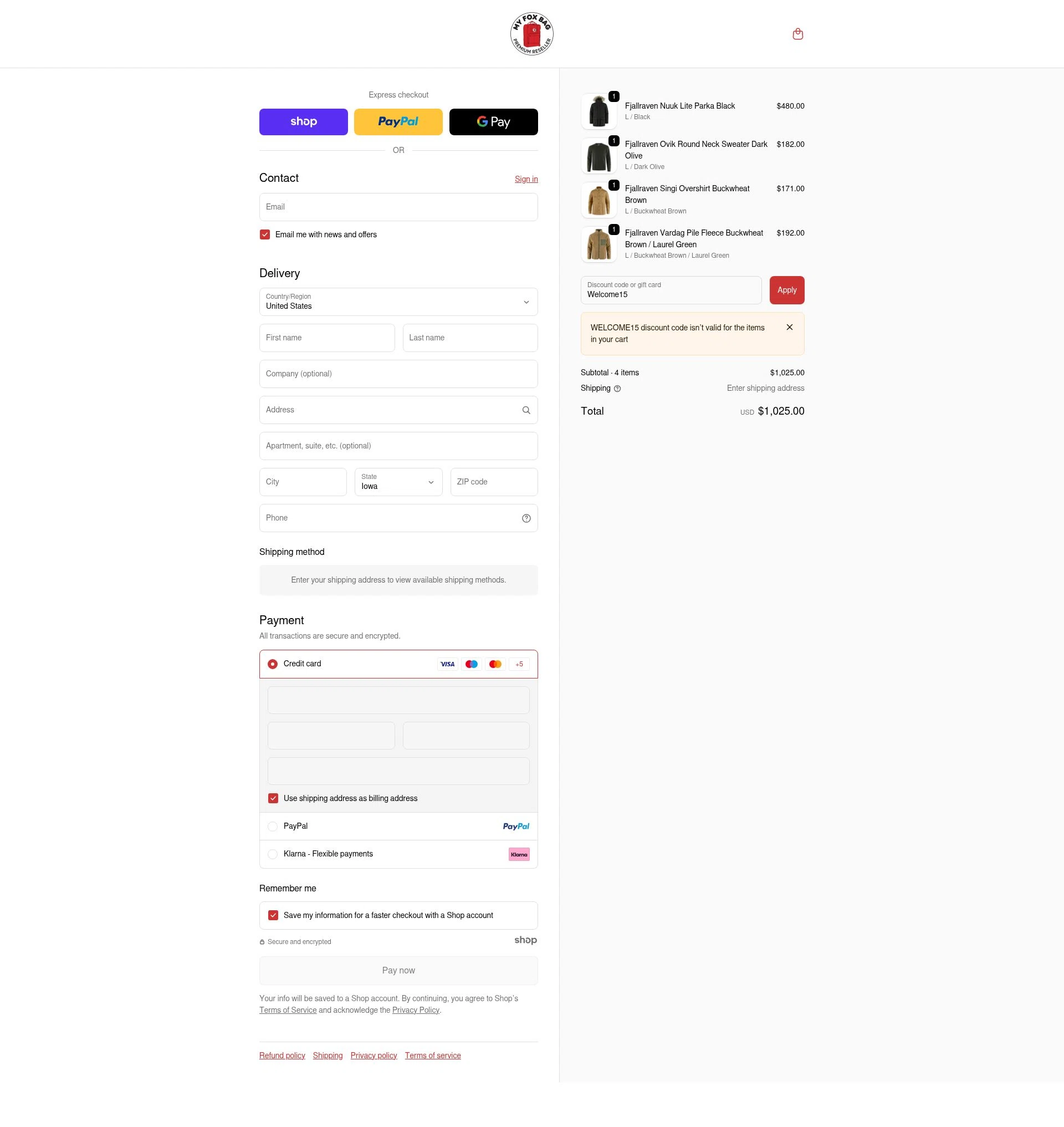 My Kanken Bag checkout page showing My Kanken Bag promo code box | Screenshot taken by SimplyCodes community member on Nov 23, 2025