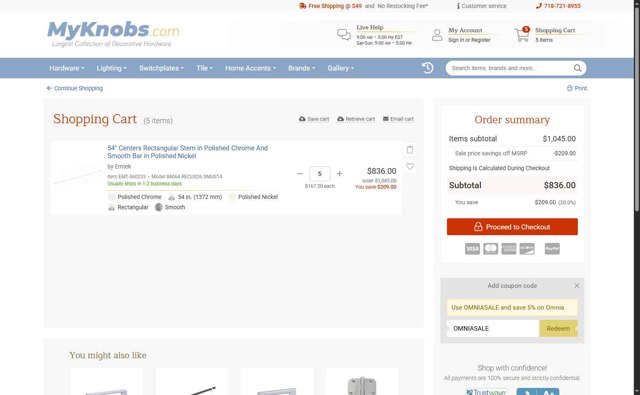MyKnobs checkout page showing MyKnobs discount code box | Screenshot taken by SimplyCodes community member on Jun 21, 2025