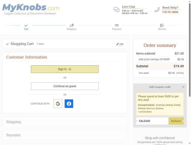 MyKnobs checkout page showing MyKnobs discount code box | Screenshot taken by SimplyCodes community member on Aug 25, 2025