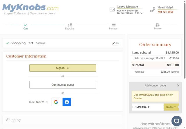 MyKnobs checkout page showing MyKnobs discount code box | Screenshot taken by SimplyCodes community member on Jul 21, 2025