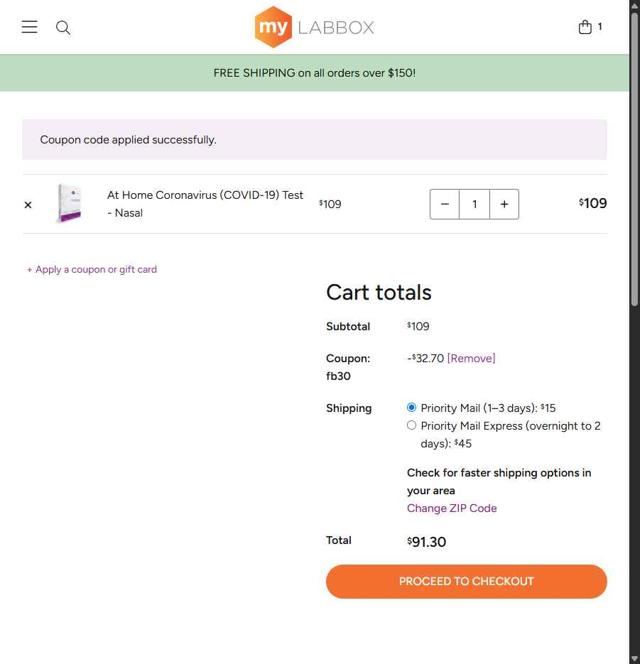 myLAB Box checkout page showing myLAB Box promo code box | Screenshot taken by SimplyCodes community member on Aug 22, 2025