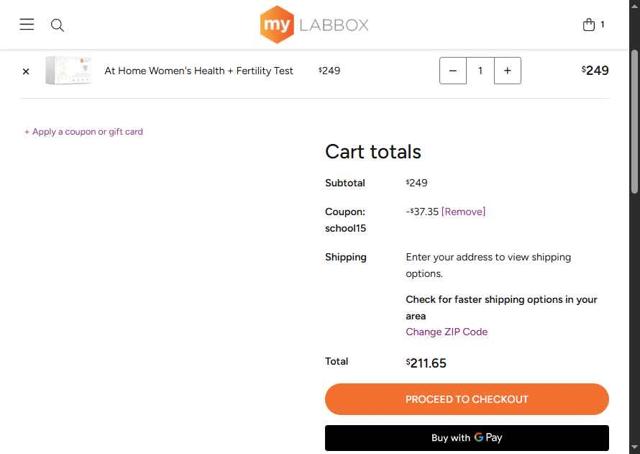 myLAB Box checkout page showing myLAB Box promo code box | Screenshot taken by SimplyCodes community member on Sep 8, 2025