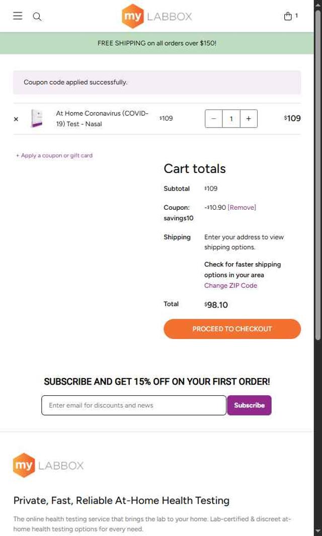 myLAB Box checkout page showing myLAB Box promo code box | Screenshot taken by SimplyCodes community member on Sep 1, 2025