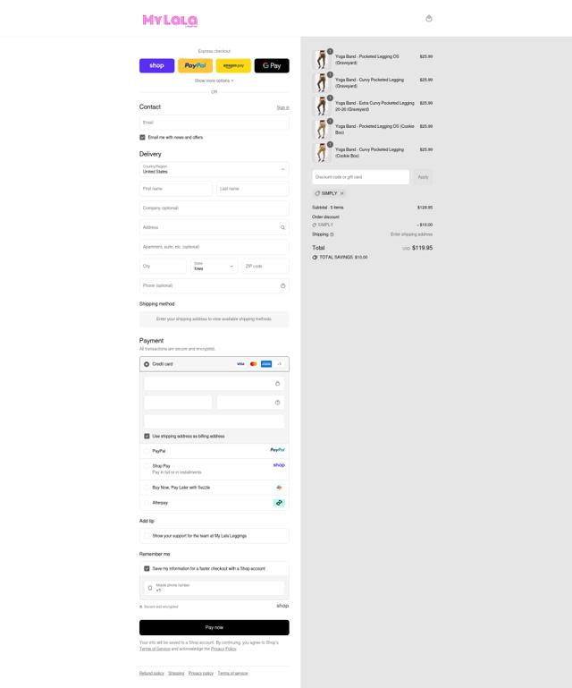 My LaLa Leggings checkout page showing My LaLa Leggings discount code box | Screenshot taken by SimplyCodes community member on Sep 11, 2025