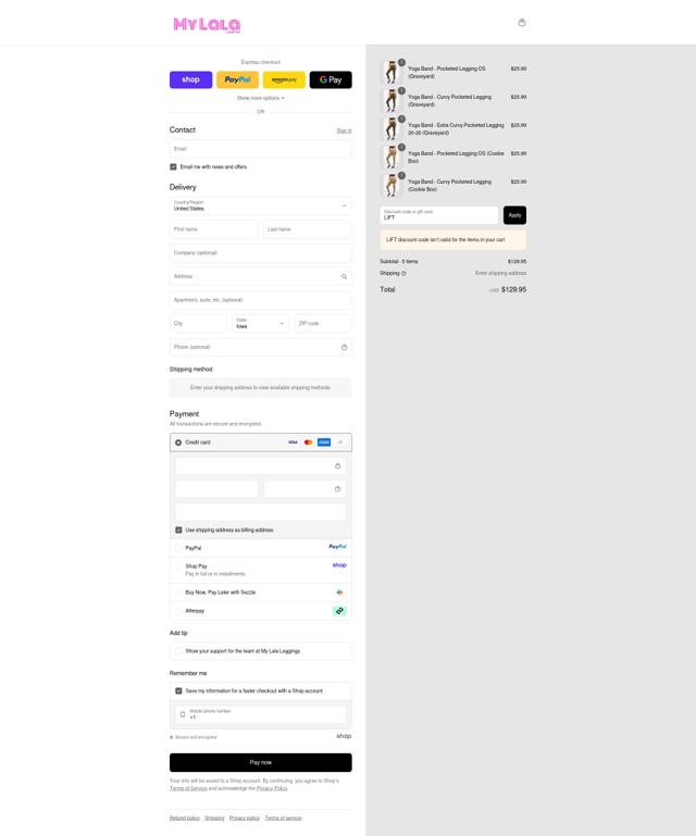 My LaLa Leggings checkout page showing My LaLa Leggings discount code box | Screenshot taken by SimplyCodes community member on Sep 11, 2025