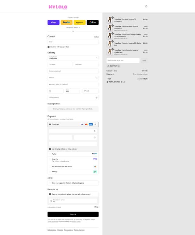 My LaLa Leggings checkout page showing My LaLa Leggings discount code box | Screenshot taken by SimplyCodes community member on Sep 11, 2025