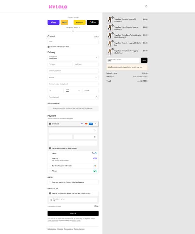 My LaLa Leggings checkout page showing My LaLa Leggings discount code box | Screenshot taken by SimplyCodes community member on Sep 11, 2025