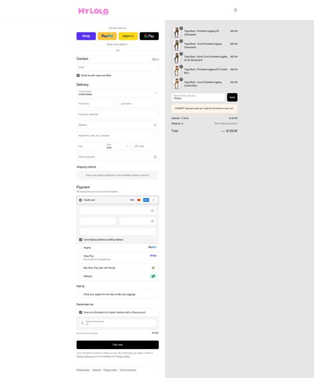 My LaLa Leggings checkout page showing My LaLa Leggings discount code box | Screenshot taken by SimplyCodes community member on Sep 11, 2025