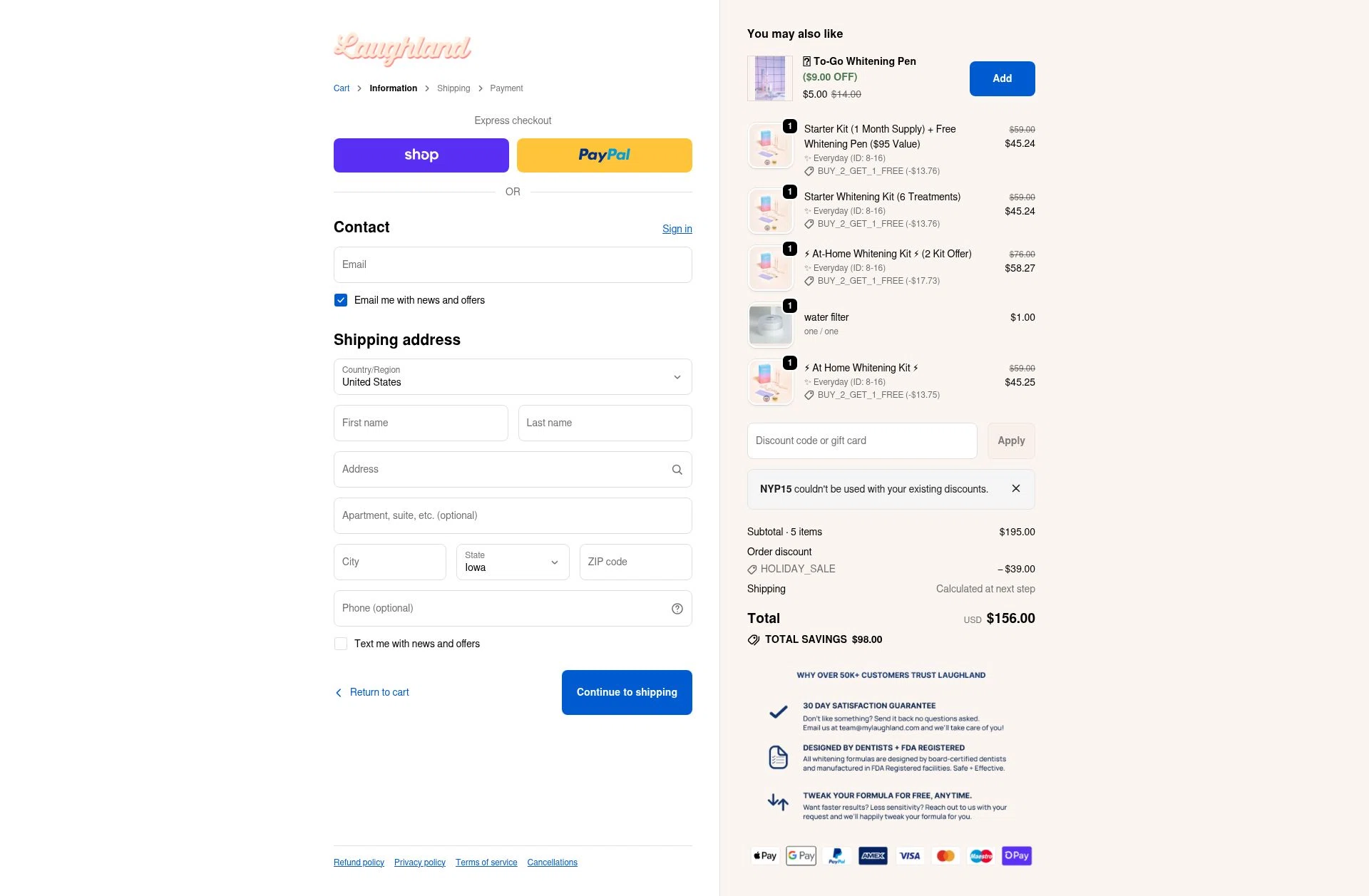 Laughland checkout page showing Laughland discount code box | Screenshot taken by SimplyCodes community member on Jan 9, 2026