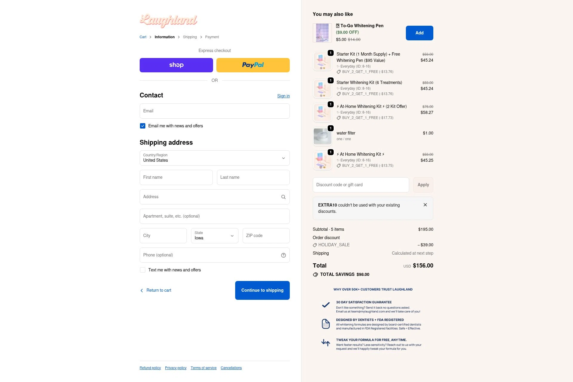 Laughland checkout page showing Laughland discount code box | Screenshot taken by SimplyCodes community member on Jan 9, 2026