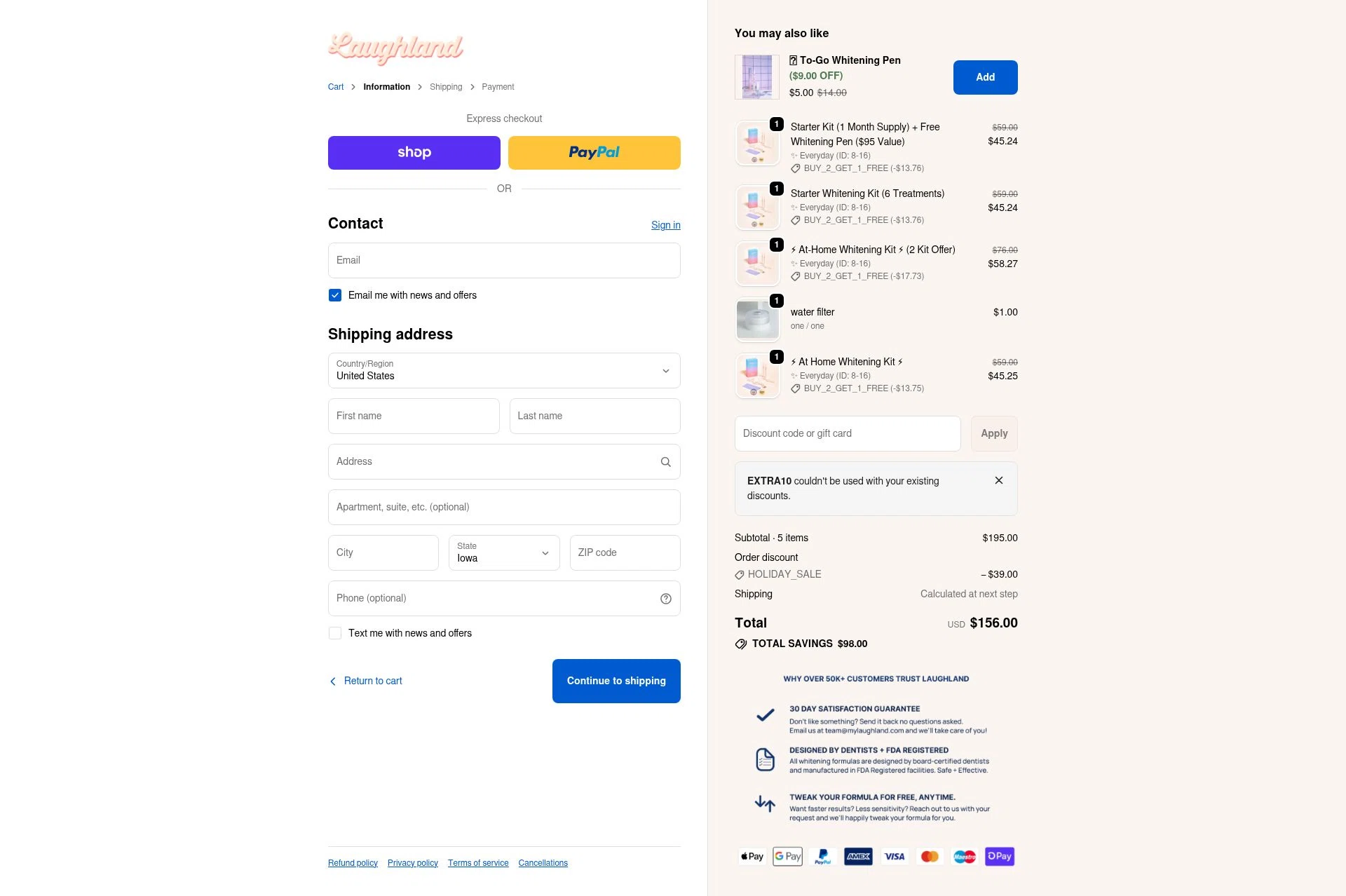 Laughland checkout page showing Laughland discount code box | Screenshot taken by SimplyCodes community member on Jan 4, 2026