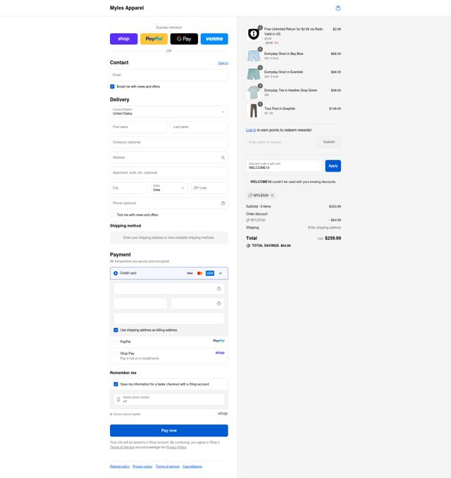 Myles Apparel checkout page showing Myles Apparel discount code box | Screenshot taken by SimplyCodes community member on Sep 10, 2025