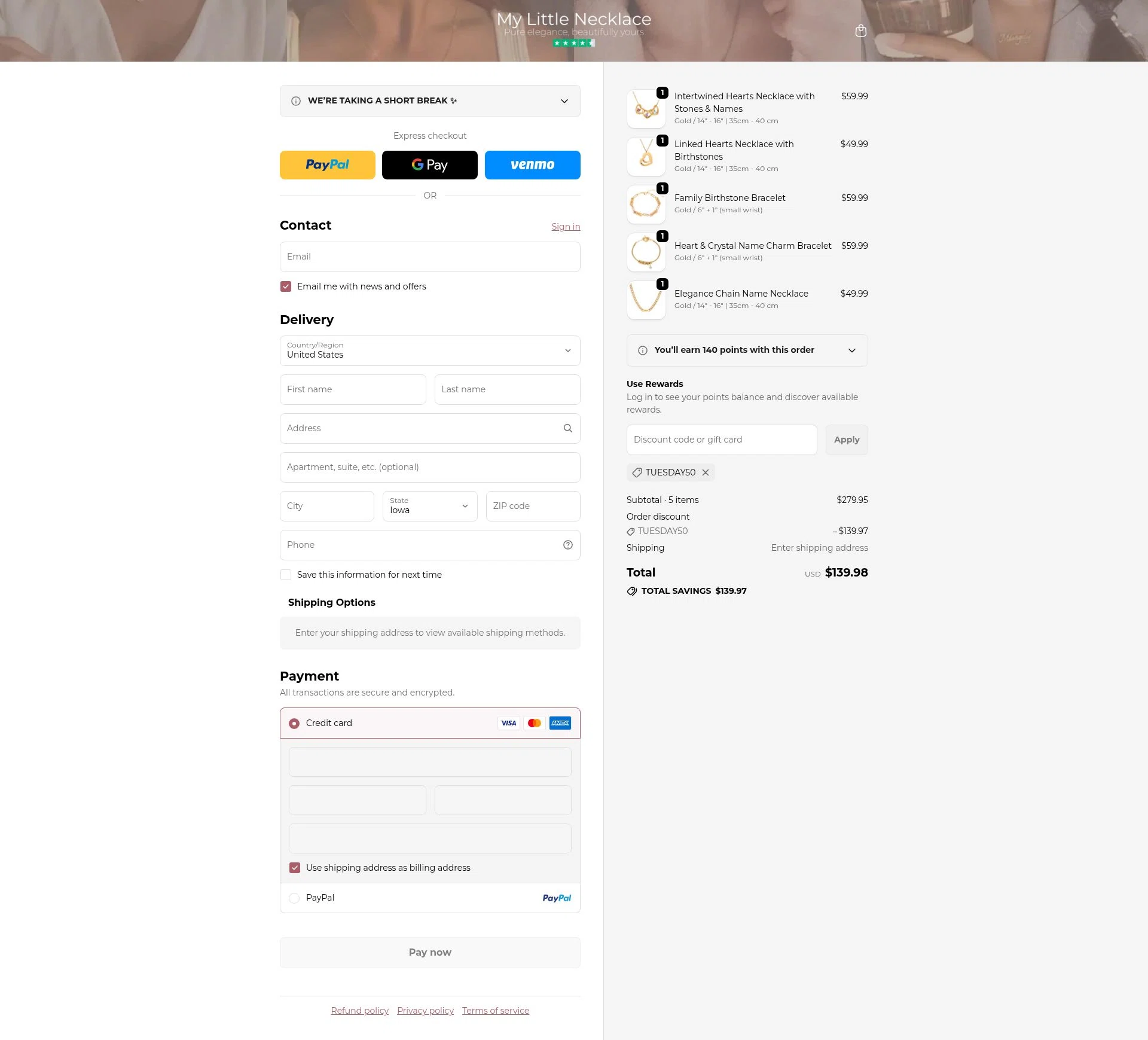 My Little Necklace checkout page showing My Little Necklace promo code box | Screenshot taken by SimplyCodes community member on Feb 21, 2026