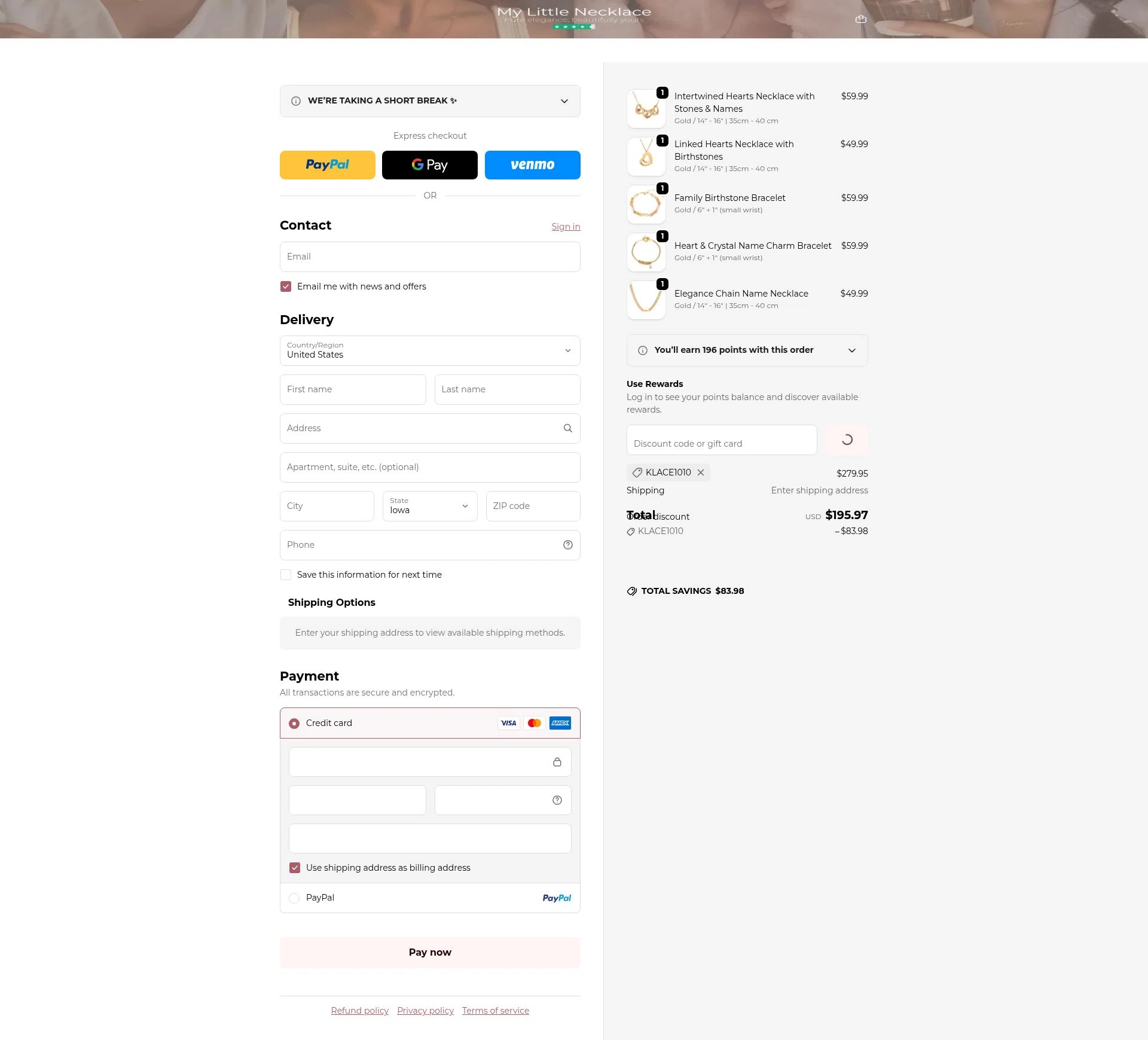 My Little Necklace checkout page showing My Little Necklace promo code box | Screenshot taken by SimplyCodes community member on Feb 21, 2026