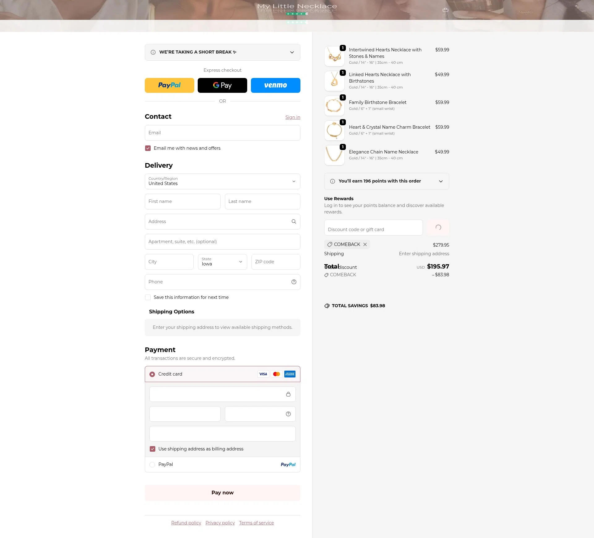 My Little Necklace checkout page showing My Little Necklace promo code box | Screenshot taken by SimplyCodes community member on Feb 21, 2026