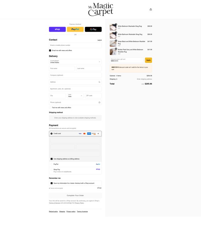 My Magic Carpet checkout page showing My Magic Carpet discount code box | Screenshot taken by SimplyCodes community member on Sep 8, 2025