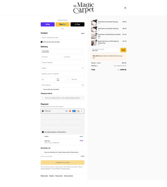 My Magic Carpet checkout page showing My Magic Carpet discount code box | Screenshot taken by SimplyCodes community member on Sep 8, 2025