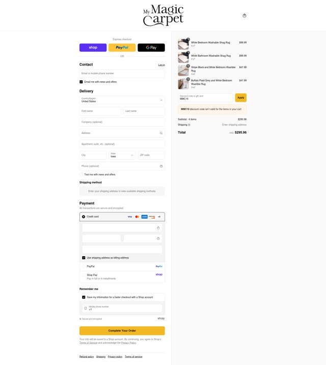 My Magic Carpet checkout page showing My Magic Carpet discount code box | Screenshot taken by SimplyCodes community member on Sep 8, 2025