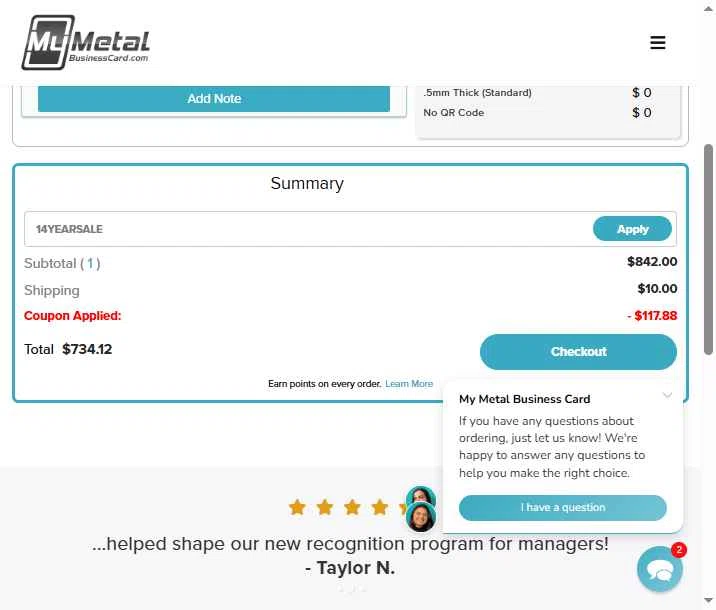 My Metal Business Card checkout page showing My Metal Business Card promo code box | Screenshot taken by SimplyCodes community member on Jun 3, 2025