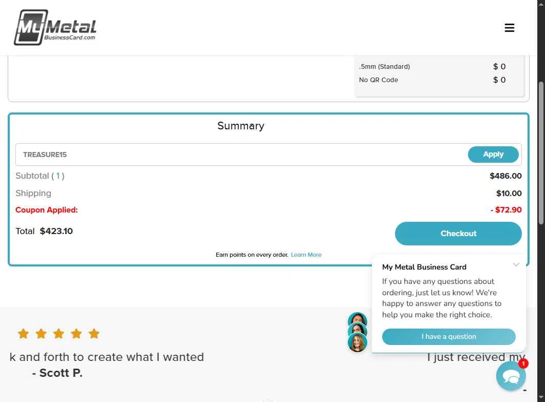 My Metal Business Card checkout page showing My Metal Business Card promo code box | Screenshot taken by SimplyCodes community member on Jul 11, 2025