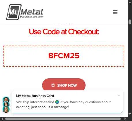 My Metal Business Card checkout page showing My Metal Business Card promo code box | Screenshot taken by SimplyCodes community member on Dec 30, 2025