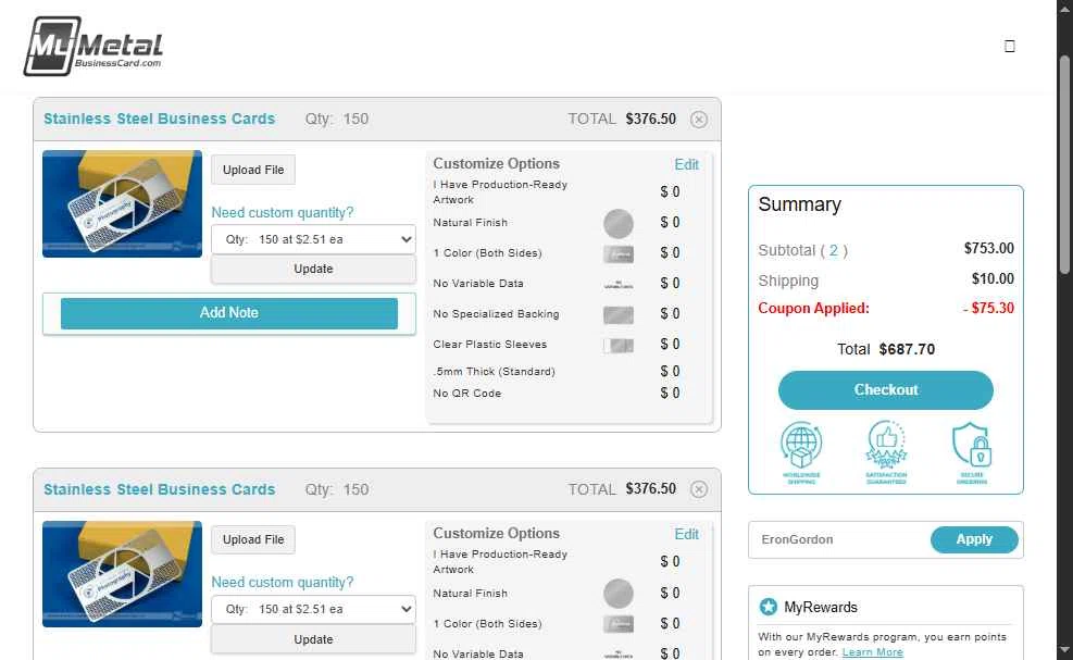 My Metal Business Card checkout page showing My Metal Business Card promo code box | Screenshot taken by SimplyCodes community member on Jul 11, 2025