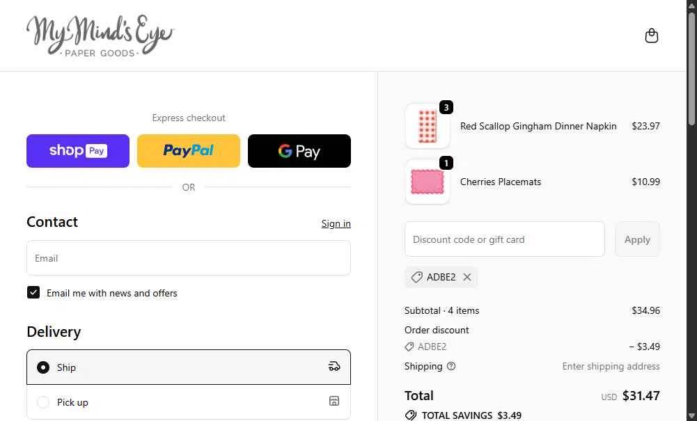 My Mind's Eye checkout page showing My Mind's Eye coupon code box | Screenshot taken by SimplyCodes community member on Jan 10, 2026