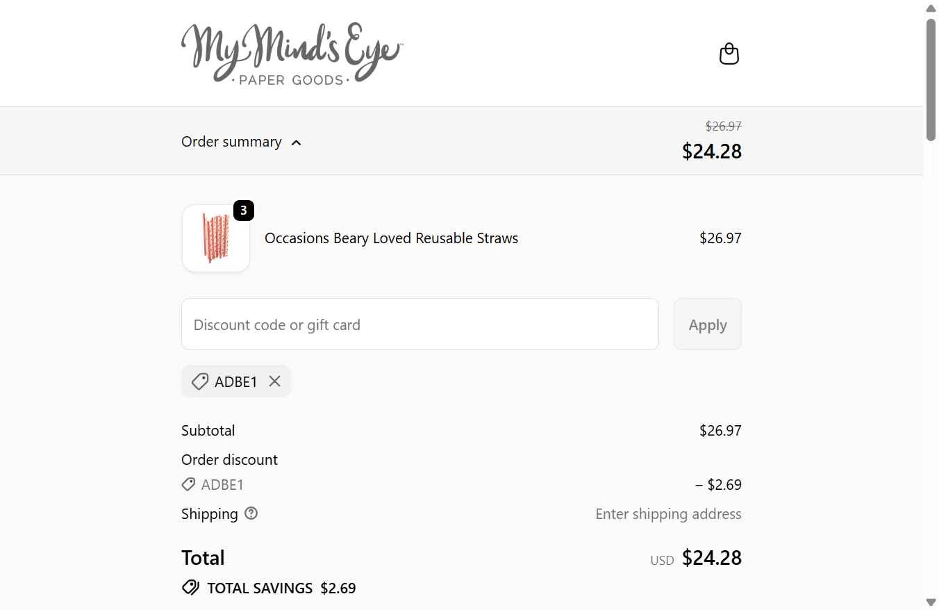 My Mind's Eye checkout page showing My Mind's Eye coupon code box | Screenshot taken by SimplyCodes community member on Jan 10, 2026