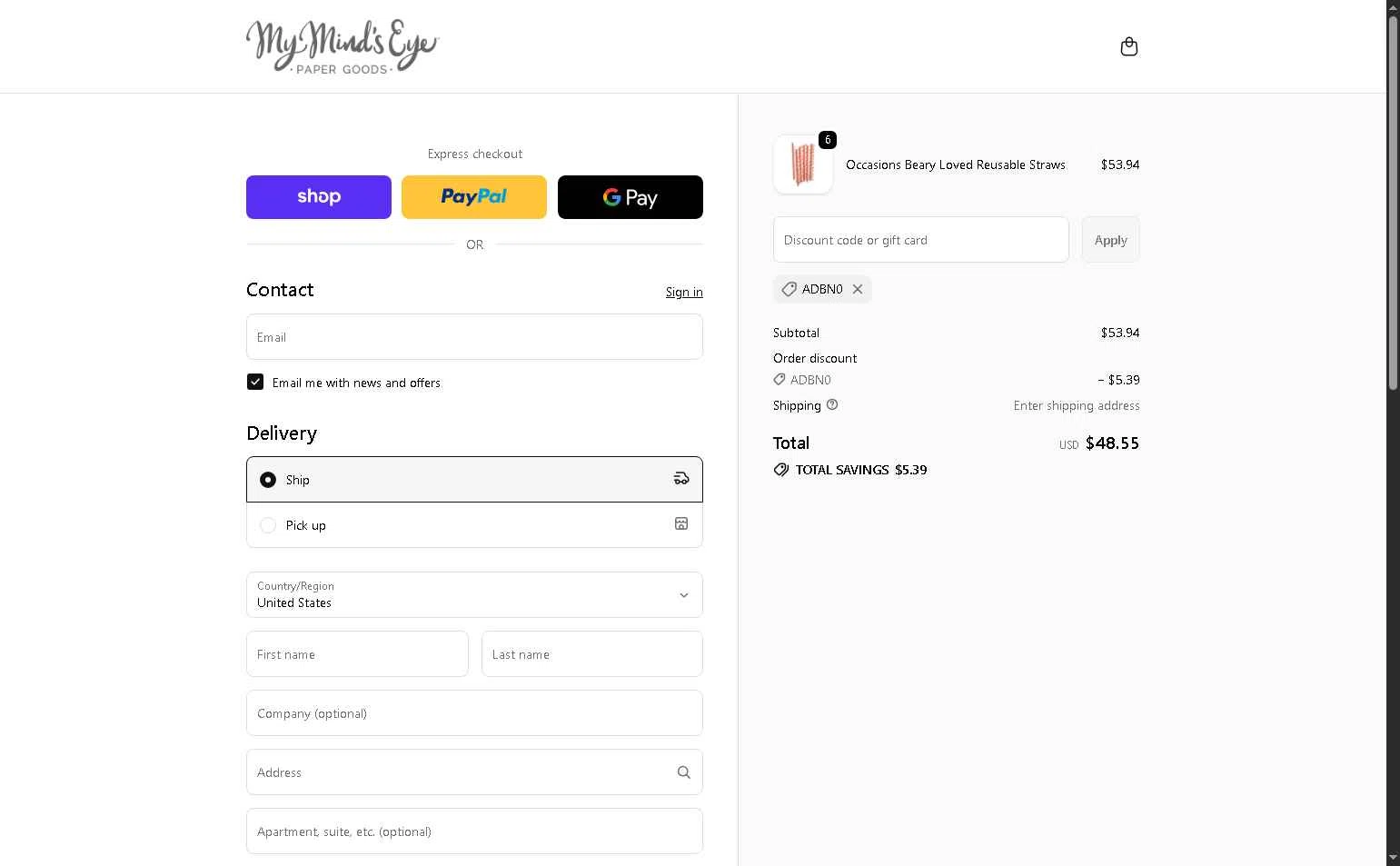 My Mind's Eye checkout page showing My Mind's Eye coupon code box | Screenshot taken by SimplyCodes community member on Jan 10, 2026
