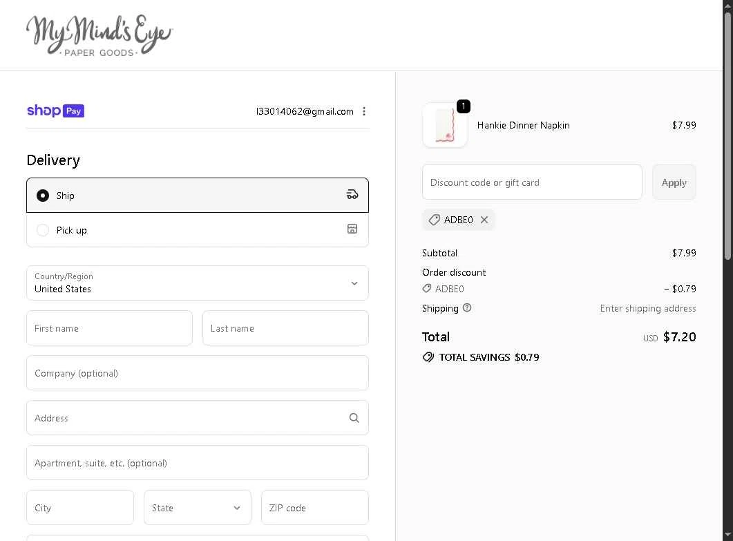 My Mind's Eye checkout page showing My Mind's Eye coupon code box | Screenshot taken by SimplyCodes community member on Jan 10, 2026