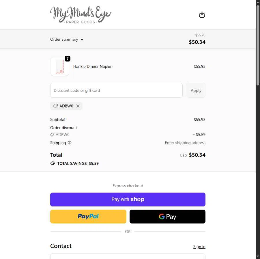 My Mind's Eye checkout page showing My Mind's Eye coupon code box | Screenshot taken by SimplyCodes community member on Jan 10, 2026
