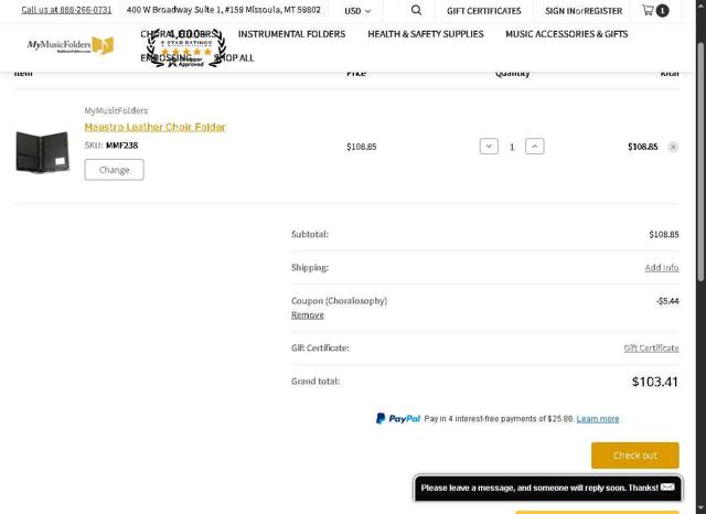 My Music Folders checkout page showing My Music Folders promo code box | Screenshot taken by SimplyCodes community member on Sep 2, 2025