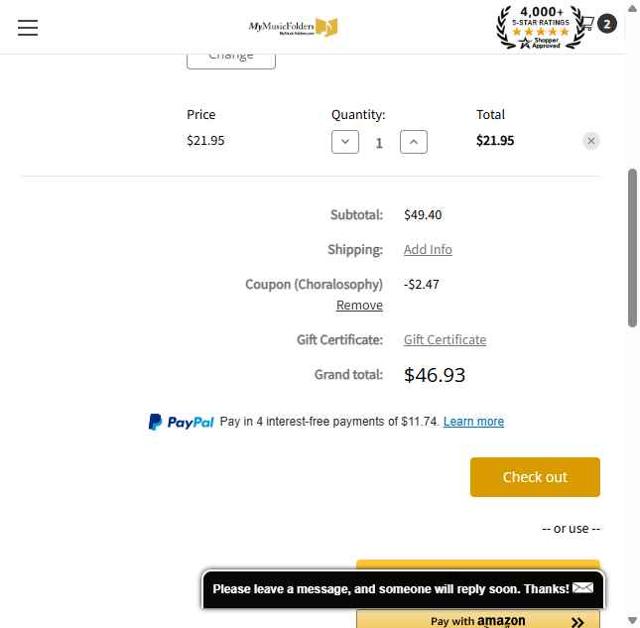 My Music Folders checkout page showing My Music Folders promo code box | Screenshot taken by SimplyCodes community member on Aug 26, 2025