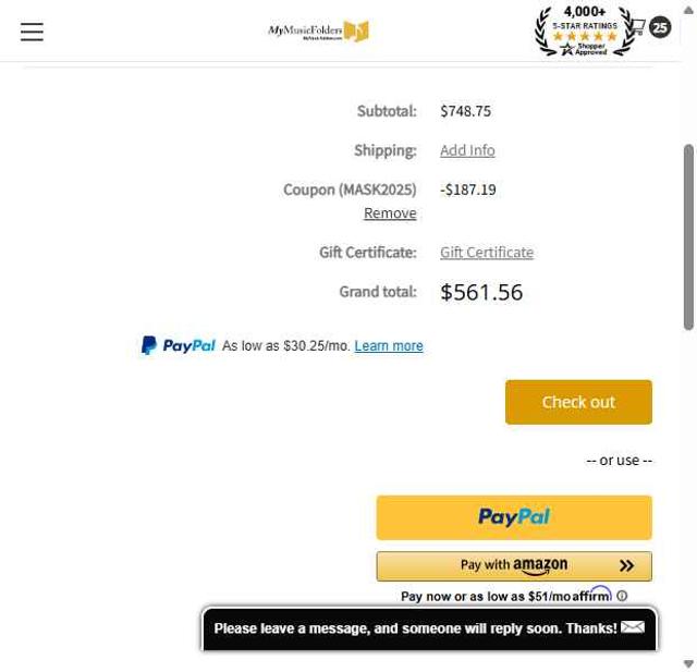 My Music Folders checkout page showing My Music Folders promo code box | Screenshot taken by SimplyCodes community member on Sep 4, 2025