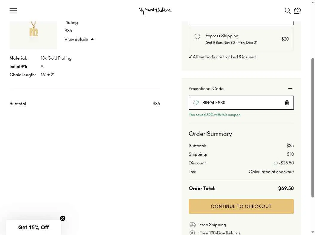 My Name Necklace checkout page showing My Name Necklace promo code box | Screenshot taken by SimplyCodes community member on Nov 11, 2025
